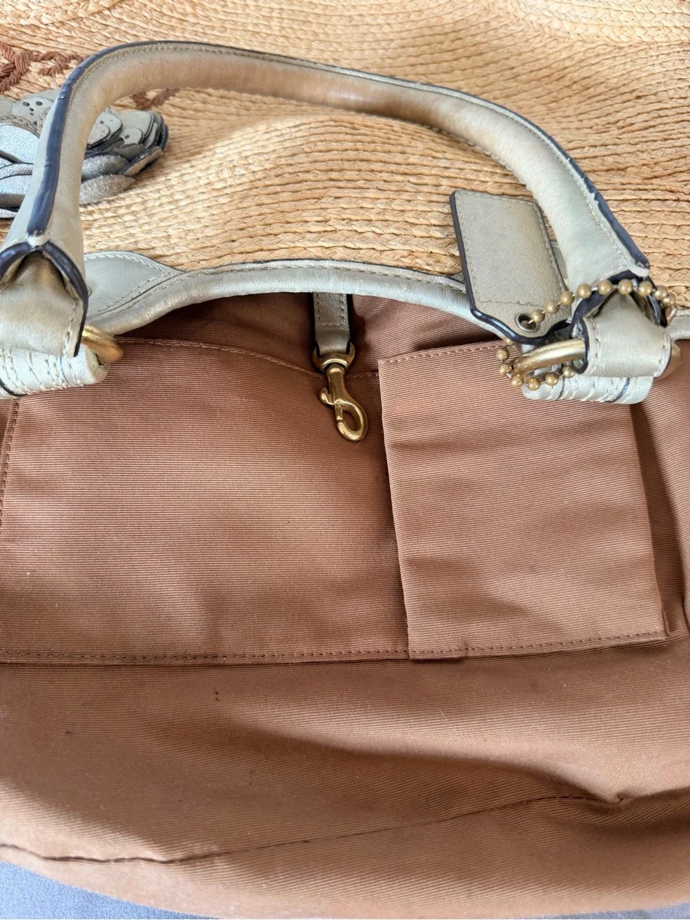 Coach Beige Straw Tote with Leather Handles and Floral Appliqué